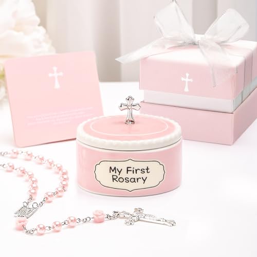 Baby Girl Baptism Gift Set - Pink Rosary with Ceramic Keepsake Box