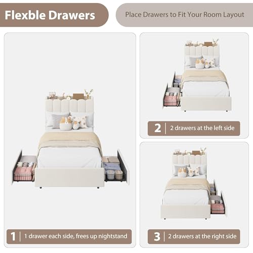 Twin Size Platform Bed Frame with Storage Drawers, LED Headboard & Boucle