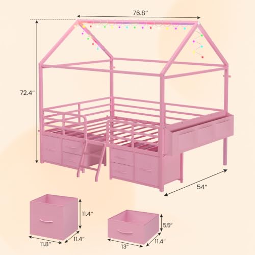 Full Size House Bed Frame with 6 Storage Drawers and Safety Guardrail