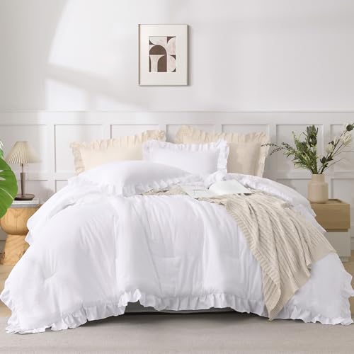 3-Piece White Ruffle Comforter Set, Soft All-Season Farmhouse Bedding