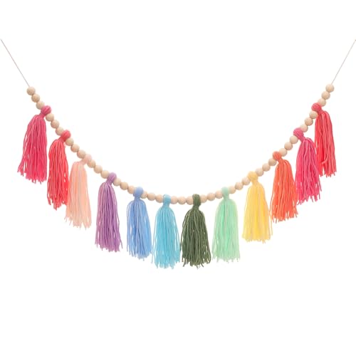 Colorful Tassel Garland with Wood Beads - 43-inch Boho Wall Hanging Decor