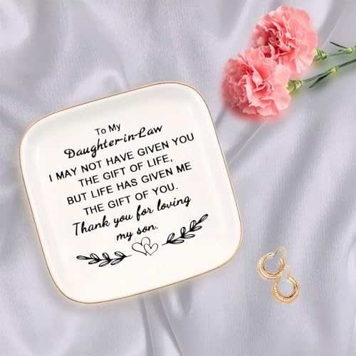 Daughter-in-Law Jewelry Dish Trinket Tray - Gift for Mother-in-Law, 4.33in Ceramic with Gold Rim