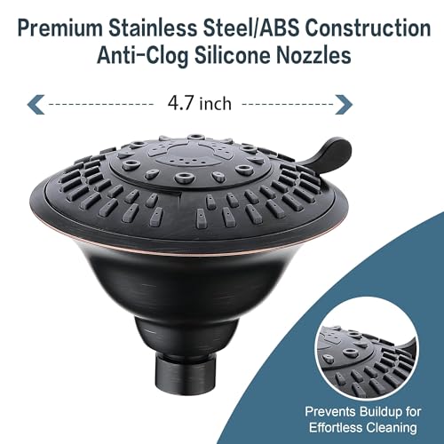 High Pressure 4.7-Inch Fixed Rain Shower Head, 5 Spray Settings, Bronze