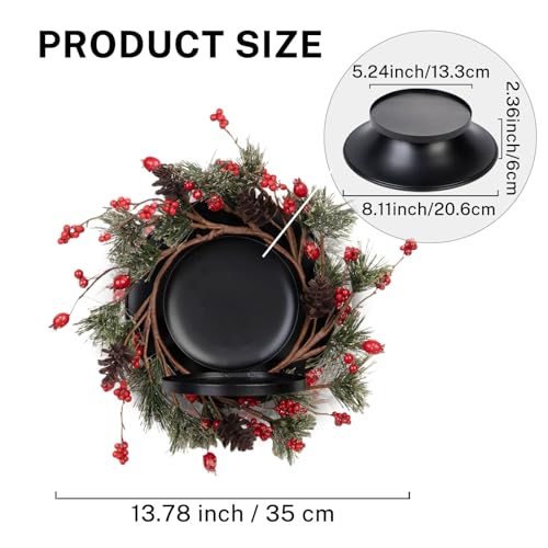 MOYEE Pine Needle Wreath 14-Inch Candle Holder, Black Metal Christmas Centerpiece