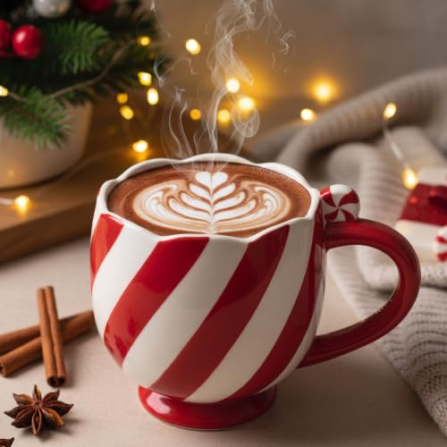 Willinglong Christmas Ceramic Mug, 13.5 oz Candy Cane Striped Christmas Mug (Variation: Christmas mug)