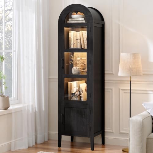 71" Narrow Arched Display Cabinet with Glass Doors and Dimmable LED Lights
