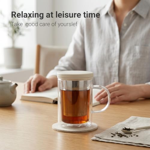 Emoi 15 oz Glass Tea Cup with Infuser & Lid, Loose Leaf Tea Brewer