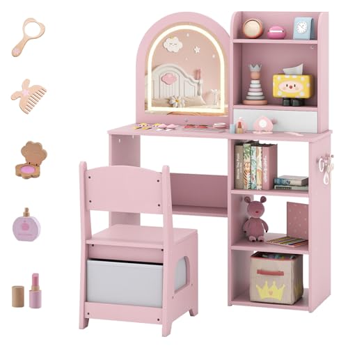 Kids Vanity Set with Lighted Mirror, Drawer, and Chair - Pink Dressing Table