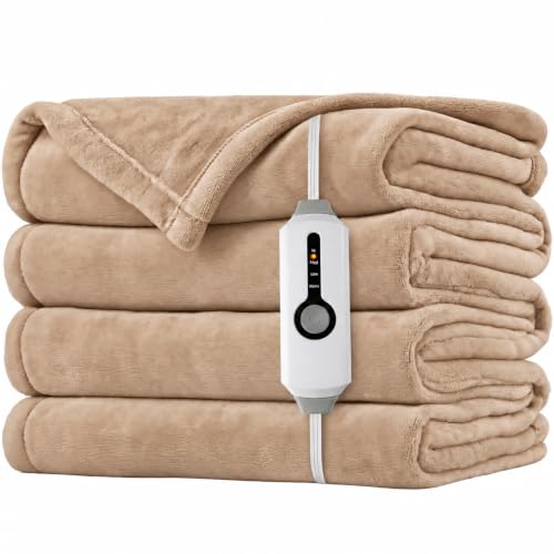 LaffyLo Twin Size Electric Heated Blanket 62x84 Light Brown Ultra Soft Flannel with 4 Heat Settings & Auto Shutoff