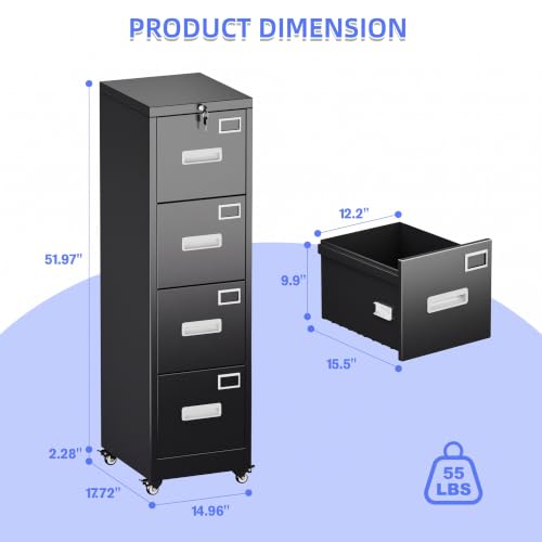 4-Drawer Mobile Metal File Cabinet with Lock, Letter & Legal Size Storage