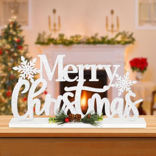 Wooden Merry Christmas Table Sign, White Glitter Snowflake Farmhouse Decor (M) 11.81 x 5.91 in