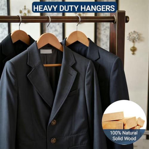 Natural Wooden Coat Hangers 30 Pack, Heavy Duty Wood Suit Hangers with Non-Slip Pants Bar