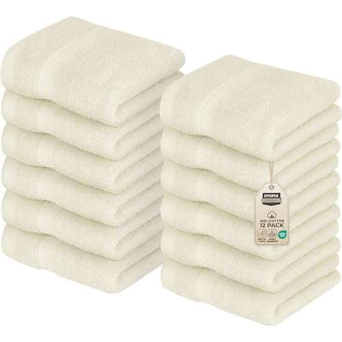 Utopia Towels 12 Pack Premium Wash Cloths Set, 12 by 12 Inches, 100% Cotton Ring Spun, Highly Absorbent and Soft Feel Essential Washcloths for Bathroom, Spa, Gym, and Face, Ivory