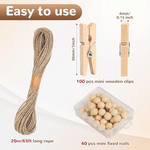 100 Pcs Mini Wooden Clothespins with Jute Twine for Photo Hanging Display