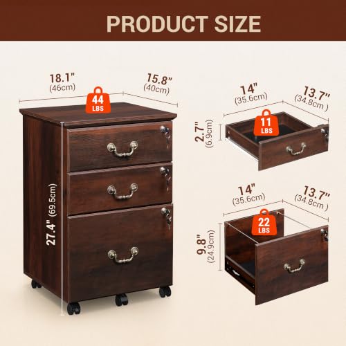 3-Drawer Mobile Wood File Cabinet with Locks, Rolling Under-Desk Organizer