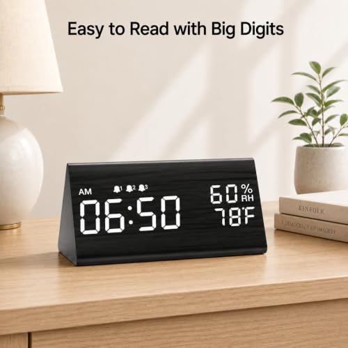 Wooden Digital Alarm Clock with Humidity and Temperature Display - Black