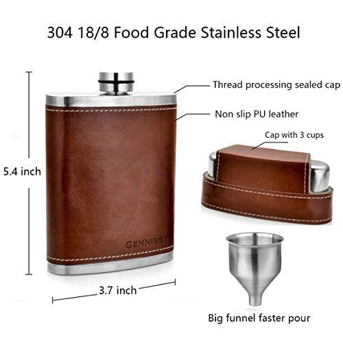 GENNISSY 8oz Hip Flask for Men Brown Leather Wrap - Leakproof Stainless Steel Gift Set with Funnel & Mini Cups