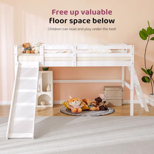 Twin Low Loft Bed with Slide for Kids, Sturdy Pinewood Frame with Guardrail