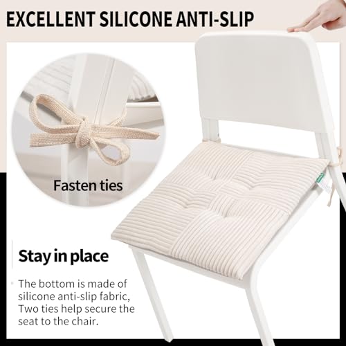 Square Corduroy Chair Cushion with Ties, 17x17 Non-Slip Seat Pad, White