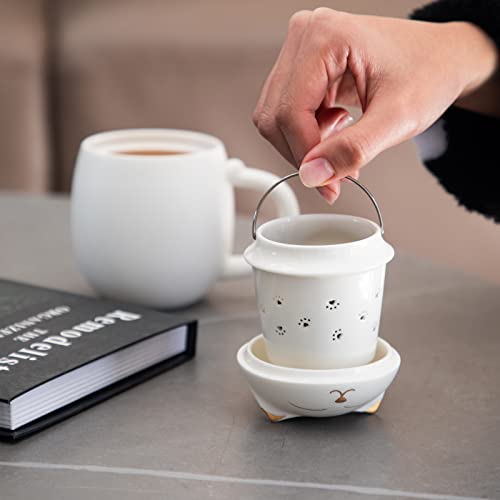 White HEER Cat Ceramic Tea Mug 13.5oz with Infuser & Lid - Cute Cat Design
