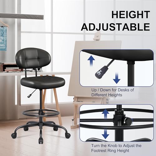 Tall Drafting Chair with Footrest - Adjustable Faux Leather Office Stool