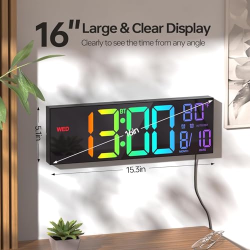 16.2-Inch Digital Wall Clock with Bluetooth Sync and RGB Large LED Display