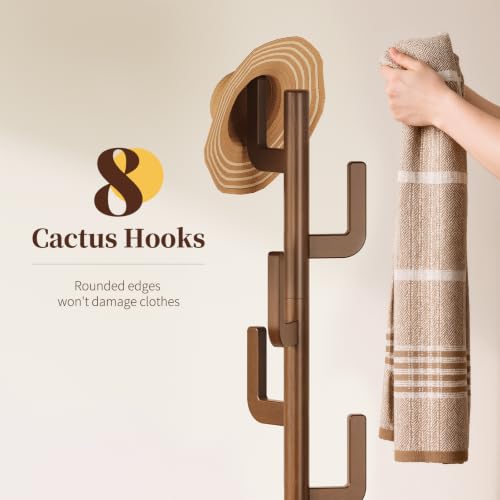 Walnut Yoobure Solid Wood Cactus Coat Rack with 8 Hooks, Adjustable Height Entryway Organizer