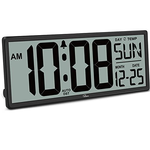 14.5" Large Digital Wall Clock Battery Operated - Auto DST, Temp & Date