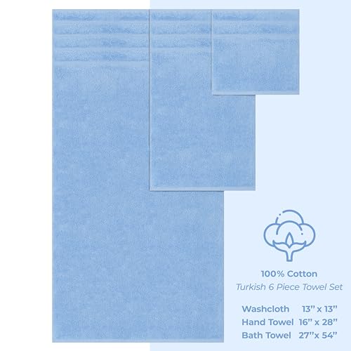 Turkish Luxury Cotton Towel Set with Sky Blue Accents - 6 Piece Bath & Hand Towels