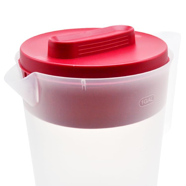 1 Pack 1 Gallon 4 Quarts Plastic Beverage Pitcher Clear Body & Red Lid, 3 Position Pour Spout Lid for Water Tea and Drinks