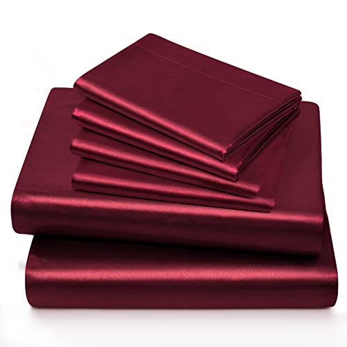 Horbaunal King Satin Sheet Set Burgundy - 6 Piece Luxury Bed Sheets