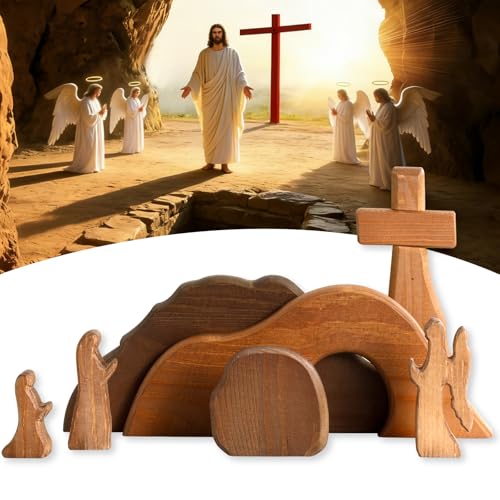 Wooden Empty Tomb Easter Scene Set - 7-Piece Religious Tabletop Display