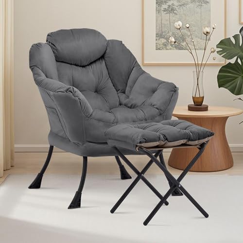 Lazy Reading Chair with Foldable Ottoman and Side Pocket, Dark Grey