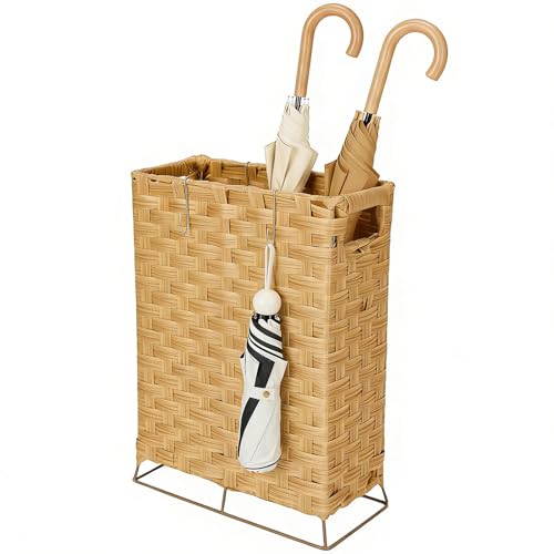 Handwoven Rattan Umbrella Stand with Drip Tray and Hooks