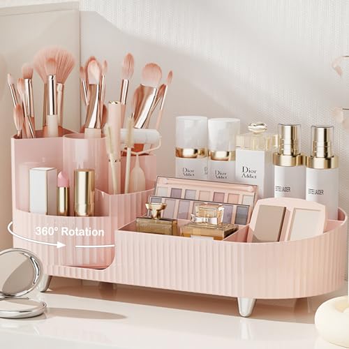 Pink Rotating Vanity Organizer with Brush Holder - Large Spinning Makeup & Skincare Storage, COMFYROOM