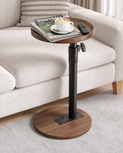 360° Swivel Side Table with Adjustable Height, Walnut Round Snack Tray