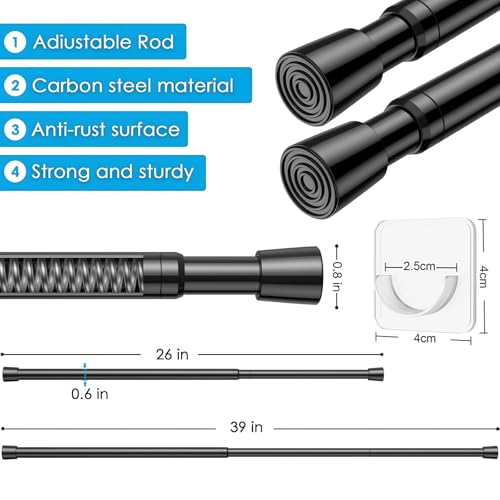 Black Spring Tension Curtain Rod (26-39 Inch) - No Drill Adjustable Rod