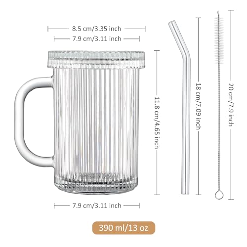 Joeyan Clear Ribbed 13oz Glass Tumbler with Lid, Straw & Handle – 2-Pack, Dishwasher Safe (Variation: Clear Ribbed Glass Tumbler)