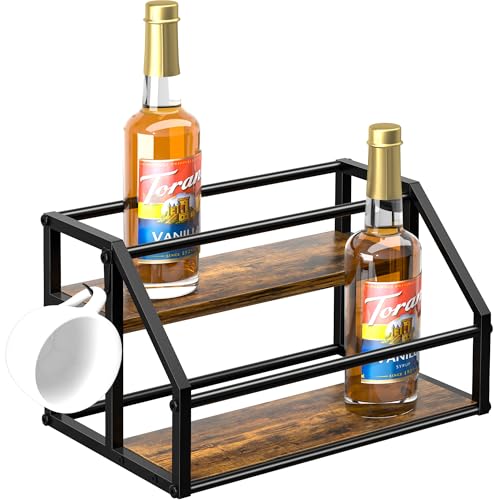 2-Tier Coffee Syrup Rack Organizer for 8 Bottles, Rustic Wood & Metal Stand