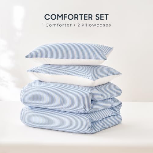 Blue and White Striped Comforter Set Full Size - 3 Piece Farmhouse Bedding