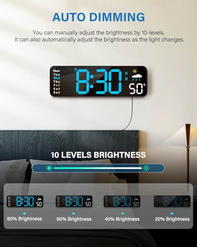 Large Digital Wall Clock with Remote Control, Temp & Humidity (Blue)
