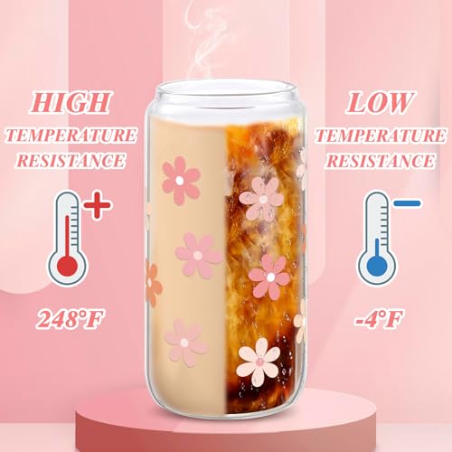 Daisy Flower Glass Cup with Bamboo Lid and Straw - 16 oz Iced Coffee Mug