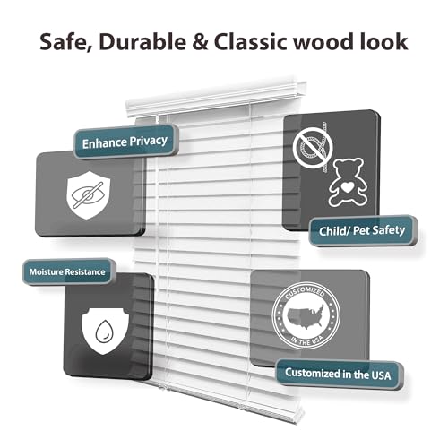 Cordless 2-Inch Faux Wood Horizontal Window Blind, White (35" W x 60" H)