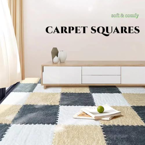 12-Piece Interlocking Plush Foam Carpet Tiles, Soft Shaggy Playroom Rugs