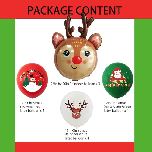 HADCKJA Reindeer Balloons - 15Pcs Christmas Balloon Kit (3 large reindeer foil + 12 assorted latex)