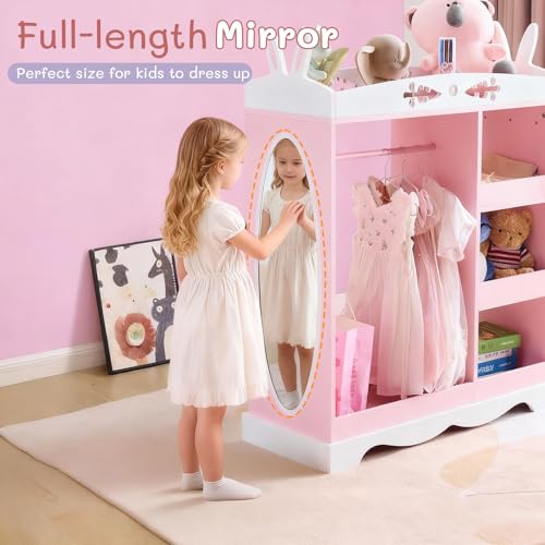 Kids Rabbit-Shaped Dress Up Wardrobe with Mirror, Hooks, and Storage Shelves