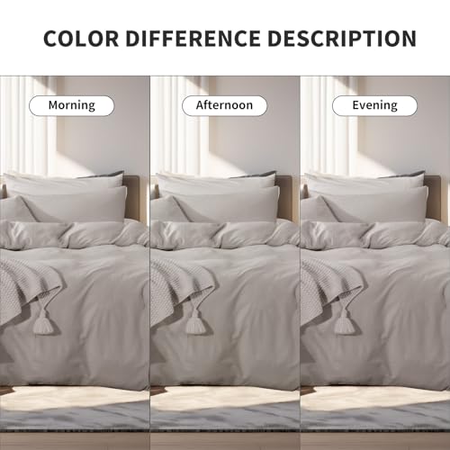 Twin Size Duvet Cover Set - 100% Washed Cotton, Breathable & Durable, Cream Grey