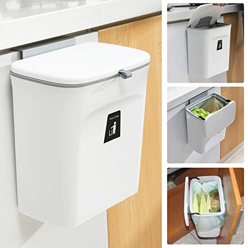 2.4 Gallon Kitchen Compost Bin with Lid Hanging Countertop Trash Can White