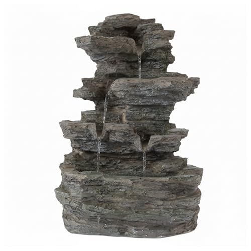 4-Tier Tabletop Rock Waterfall Fountain with LED Lights, Gray Polyresin