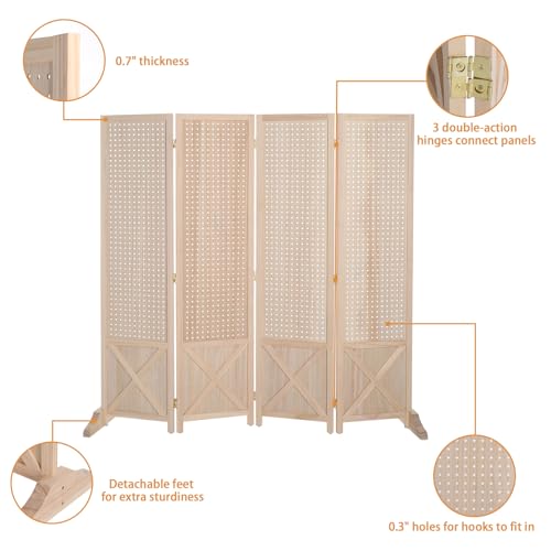 5 FT Freestanding Pegboard Room Divider, 4-Panel Folding Display Screen
